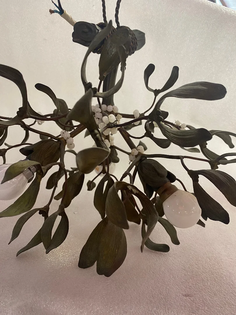 1900′ Art Nouveau Bronze Mistletoe Chandelier with 3 Bulbs ∅ 44 cm H 37 cm Sockets In The Shape Of Tulips