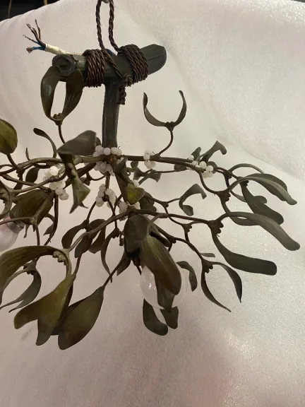 1900′ Art Nouveau Bronze Mistletoe Chandelier with 3 Bulbs ∅ 44 cm H 37 cm Sockets In The Shape Of Tulips