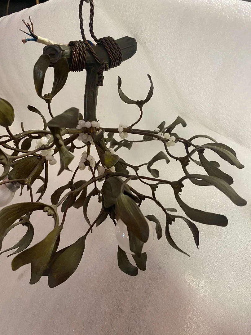 1900′ Art Nouveau Bronze Mistletoe Chandelier with 3 Bulbs ∅ 44 cm H 37 cm Sockets In The Shape Of Tulips