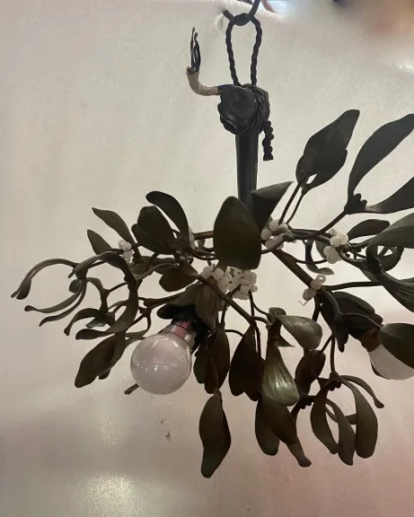 1900′ Art Nouveau Bronze Mistletoe Chandelier with 3 Bulbs ∅ 44 cm H 37 cm Sockets In The Shape Of Tulips
