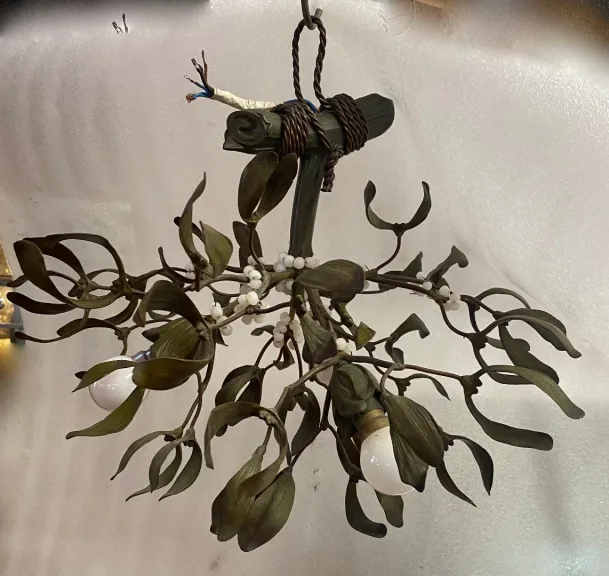 1900′ Art Nouveau Bronze Mistletoe Chandelier with 3 Bulbs ∅ 44 cm H 37 cm Sockets In The Shape Of Tulips