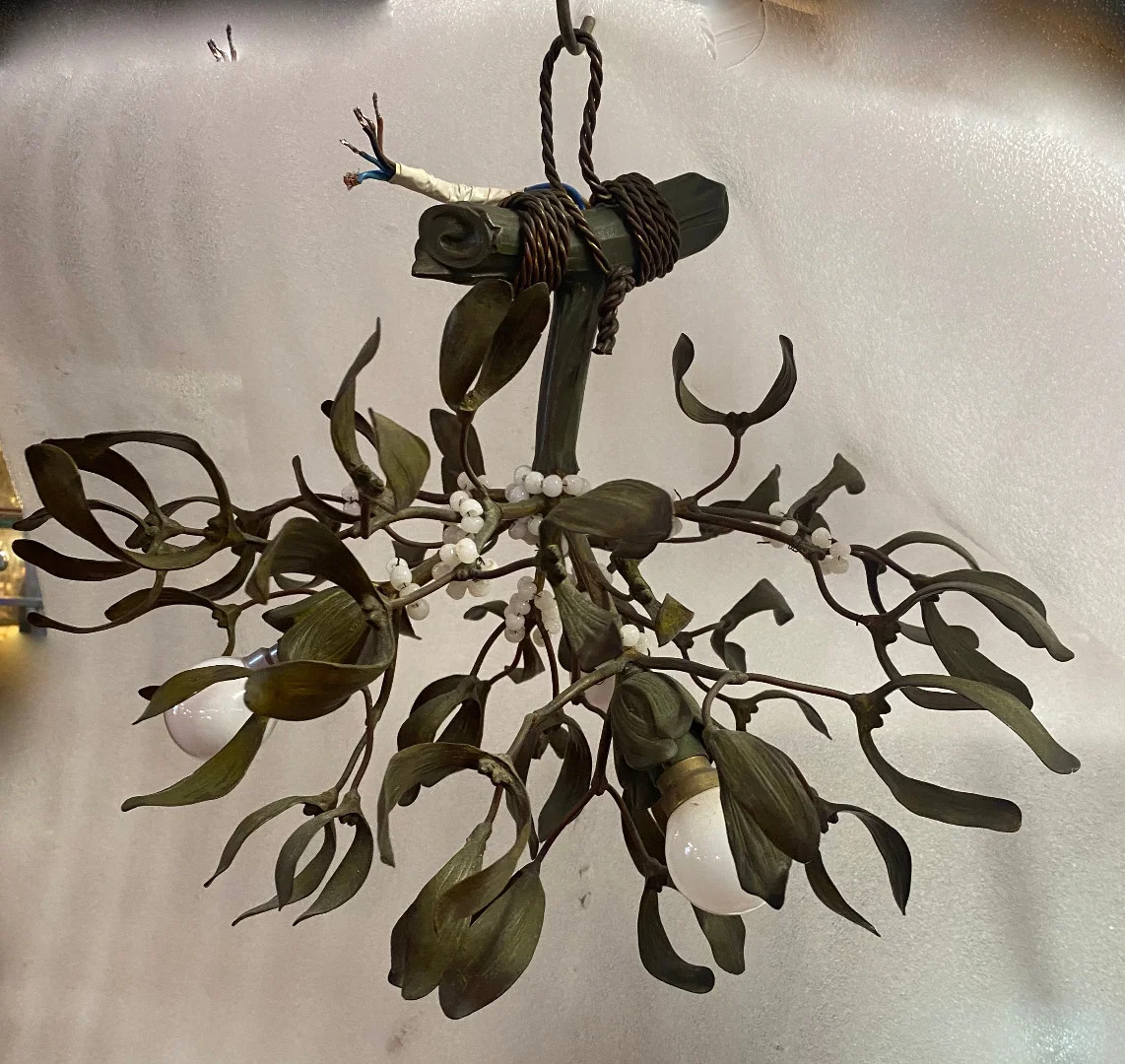 1900′ Art Nouveau Bronze Mistletoe Chandelier with 3 Bulbs ∅ 44 cm H 37 cm Sockets In The Shape Of Tulips