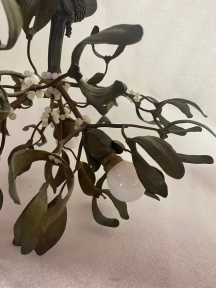 1900′ Art Nouveau Bronze Mistletoe Chandelier with 3 Bulbs ∅ 44 cm H 37 cm Sockets In The Shape Of Tulips