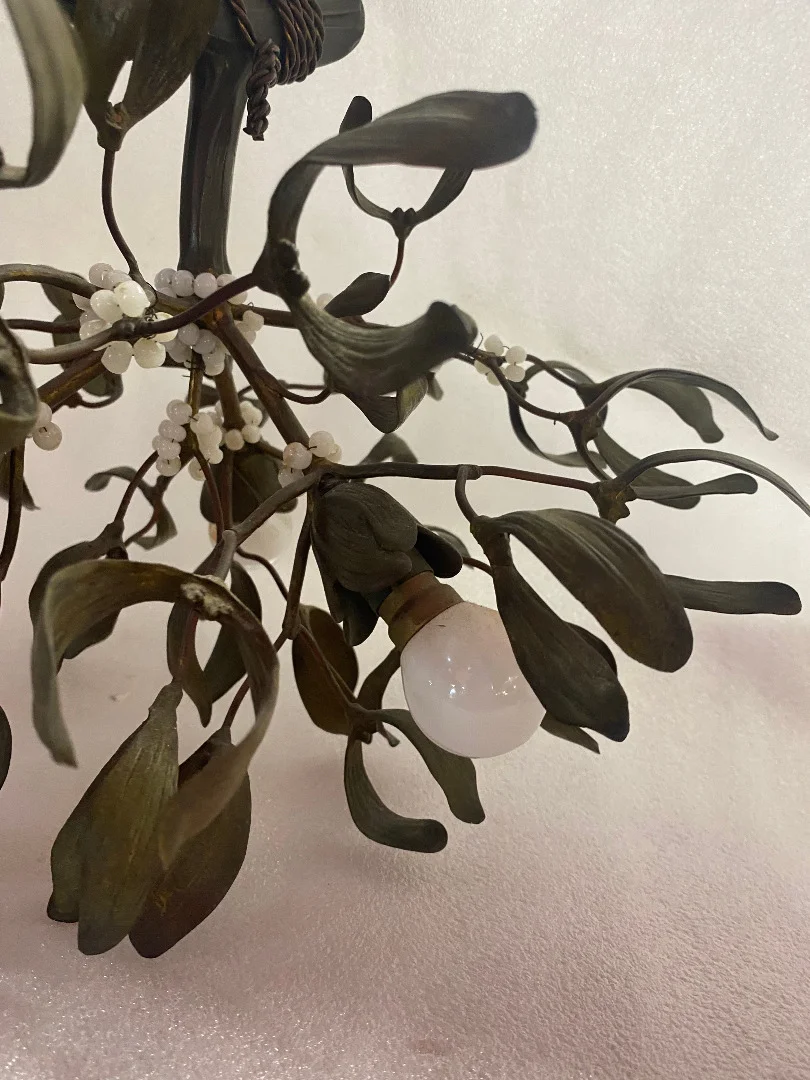 1900′ Art Nouveau Bronze Mistletoe Chandelier with 3 Bulbs ∅ 44 cm H 37 cm Sockets In The Shape Of Tulips