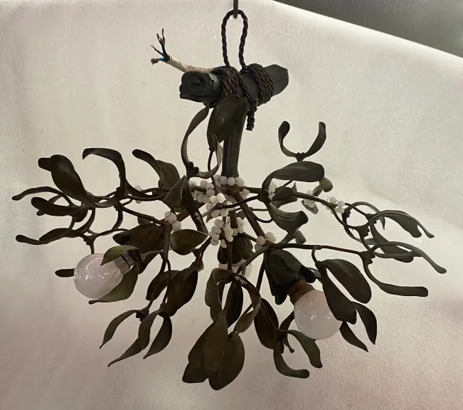 1900′ Art Nouveau Bronze Mistletoe Chandelier with 3 Bulbs ∅ 44 cm H 37 cm Sockets In The Shape Of Tulips