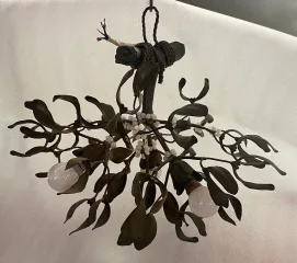 1900′ Art Nouveau Bronze Mistletoe Chandelier with 3 Bulbs ∅ 44 cm H 37 cm Sockets In The Shape Of Tulips