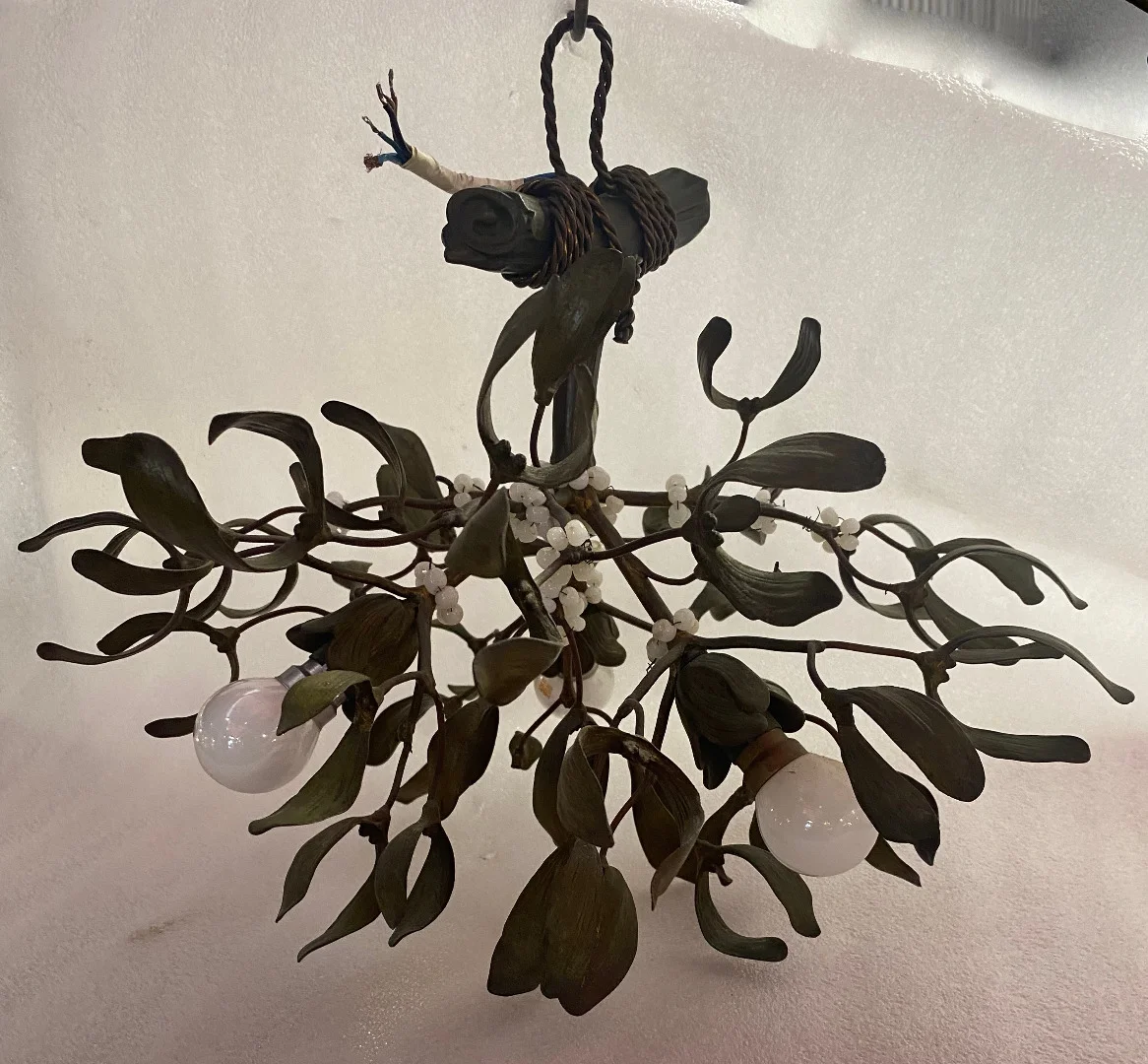 1900′ Art Nouveau Bronze Mistletoe Chandelier with 3 Bulbs ∅ 44 cm H 37 cm Sockets In The Shape Of Tulips