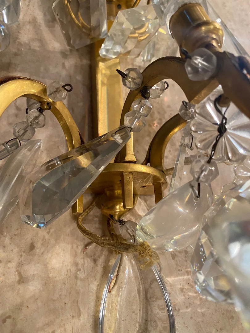 1950′ Chandelier Maison Baguès Bronze And Crystals + Pair Of Sconces H 70 Ø 70 cm
