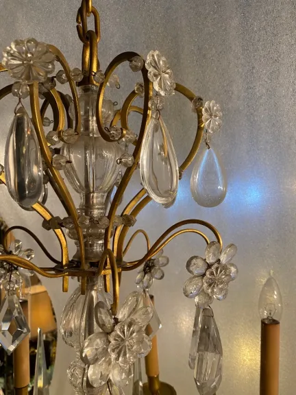 1950′ Lustre Maison Baguès Bronze Et Cristaux +Paire d’Appliques H 70 Ø 70 cm