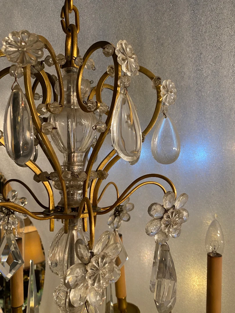 1950′ Chandelier Maison Baguès Bronze And Crystals + Pair Of Sconces H 70 Ø 70 cm