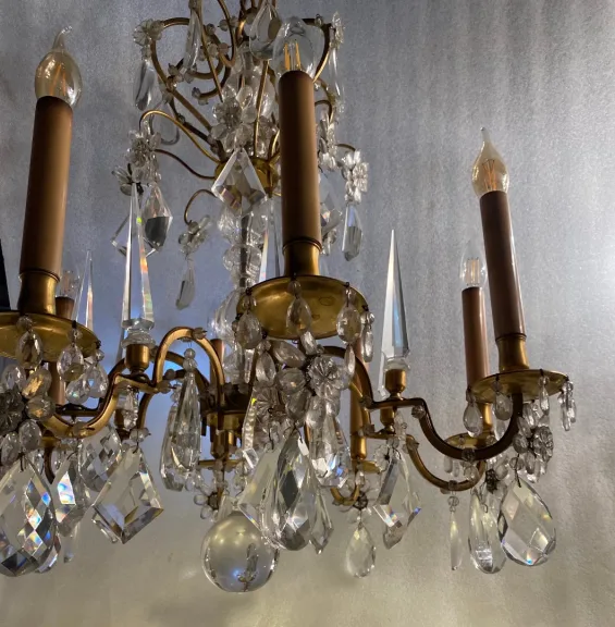 1950′ Lustre Maison Baguès Bronze Et Cristaux +Paire d’Appliques H 70 Ø 70 cm