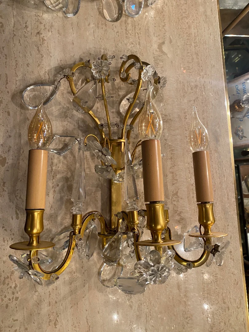 1950′ Chandelier Maison Baguès Bronze And Crystals + Pair Of Sconces H 70 Ø 70 cm