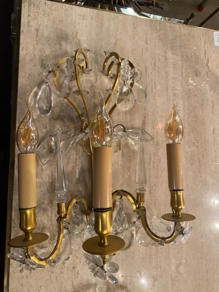 1950′ Lustre Maison Baguès Bronze Et Cristaux +Paire d’Appliques H 70 Ø 70 cm