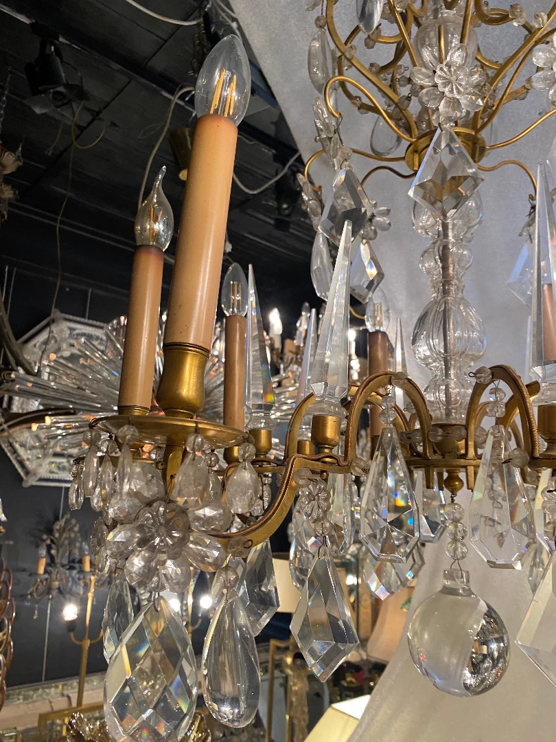 1950′ Chandelier Maison Baguès Bronze And Crystals + Pair Of Sconces H 70 Ø 70 cm