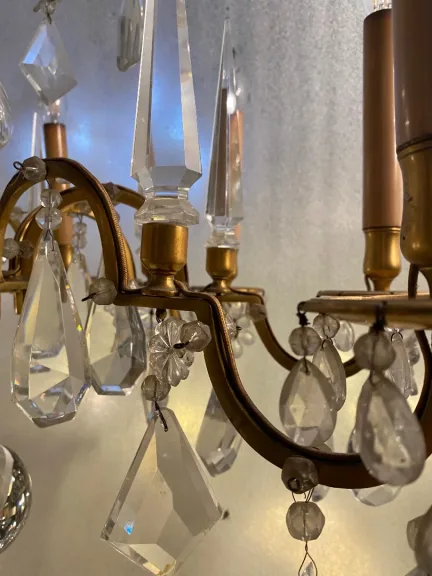 1950′ Lustre Maison Baguès Bronze Et Cristaux +Paire d’Appliques H 70 Ø 70 cm