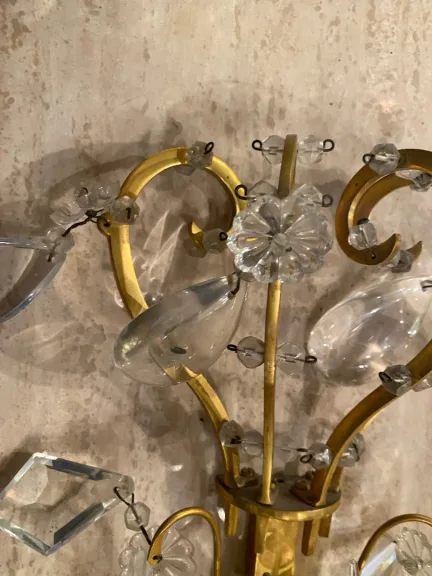 1950′ Lustre Maison Baguès Bronze Et Cristaux +Paire d’Appliques H 70 Ø 70 cm