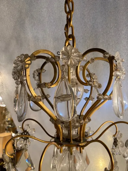 1950′ Lustre Maison Baguès Bronze Et Cristaux +Paire d’Appliques H 70 Ø 70 cm