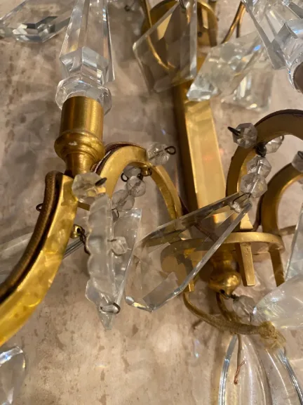 1950′ Lustre Maison Baguès Bronze Et Cristaux +Paire d’Appliques H 70 Ø 70 cm