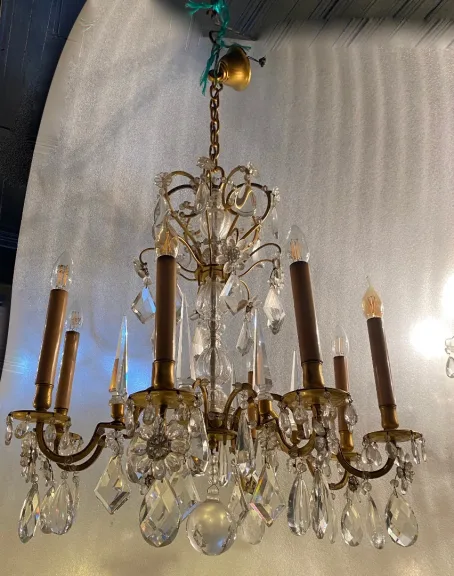 1950′ Lustre Maison Baguès Bronze Et Cristaux +Paire d’Appliques H 70 Ø 70 cm