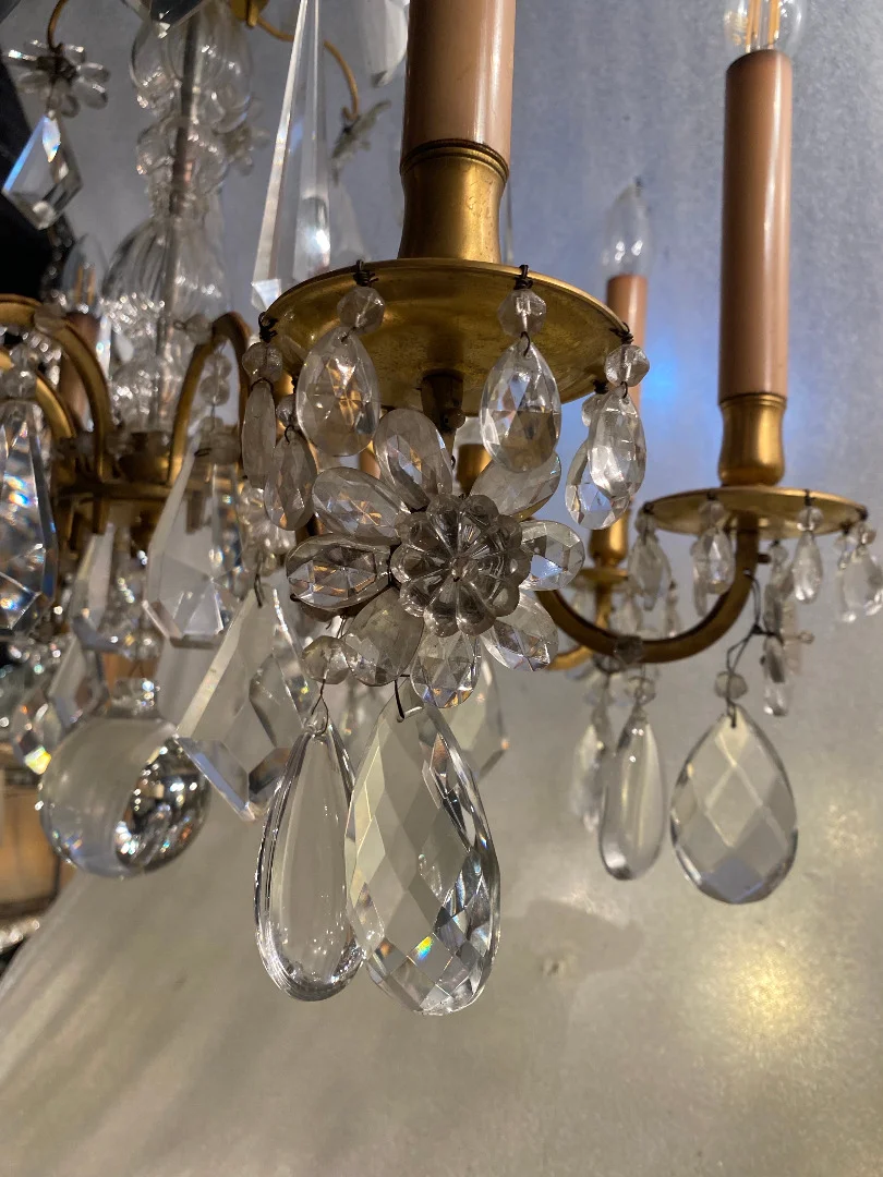 1950′ Chandelier Maison Baguès Bronze And Crystals + Pair Of Sconces H 70 Ø 70 cm