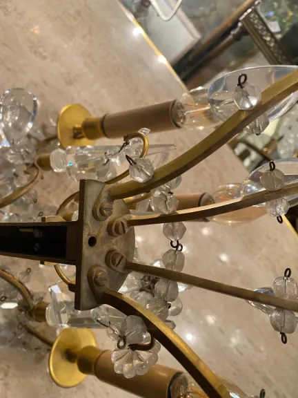 1950′ Lustre Maison Baguès Bronze Et Cristaux +Paire d’Appliques H 70 Ø 70 cm