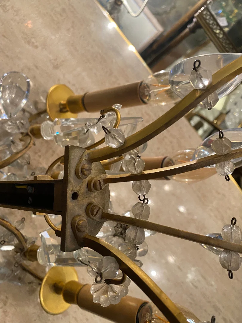 1950′ Chandelier Maison Baguès Bronze And Crystals + Pair Of Sconces H 70 Ø 70 cm