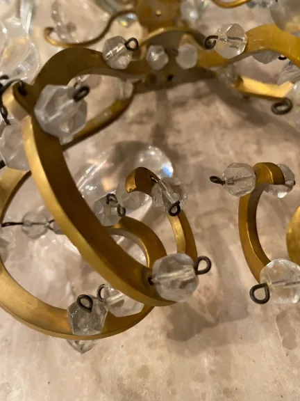 1950′ Lustre Maison Baguès Bronze Et Cristaux +Paire d’Appliques H 70 Ø 70 cm