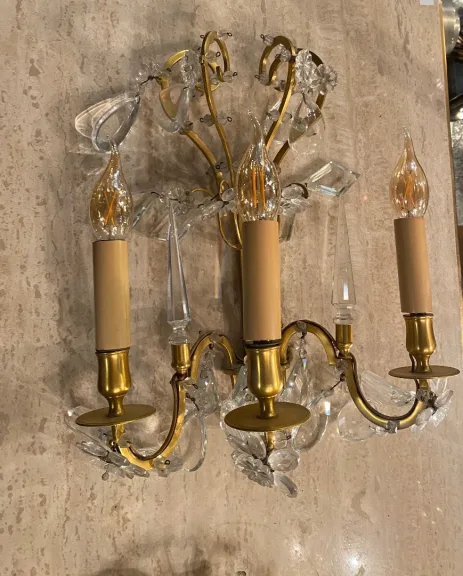 1950′ Lustre Maison Baguès Bronze Et Cristaux +Paire d’Appliques H 70 Ø 70 cm