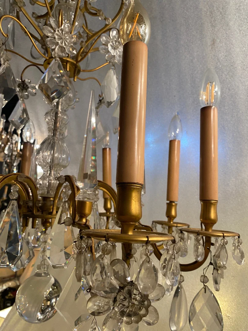 1950′ Chandelier Maison Baguès Bronze And Crystals + Pair Of Sconces H 70 Ø 70 cm