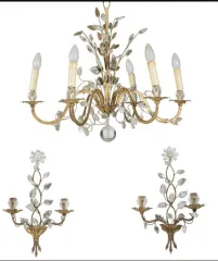 1950/70 Lustre Et Paire d'Appliques Maison Baguès Feuillage Et Fleurs