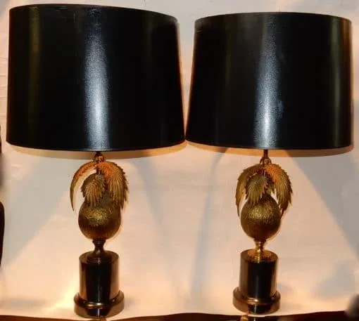 1970′ Paire De Lampes Palmier Ou Cocotier Avec Noix De Coco DLG Maison Jansen Ou Charles Non Signées