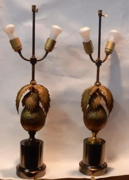 1970′ Paire De Lampes Palmier Ou Cocotier Avec Noix De Coco DLG Maison Jansen Ou Charles Non Signées