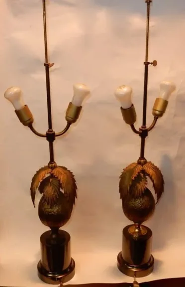 1970′ Paire De Lampes Palmier Ou Cocotier Avec Noix De Coco DLG Maison Jansen Ou Charles Non Signées