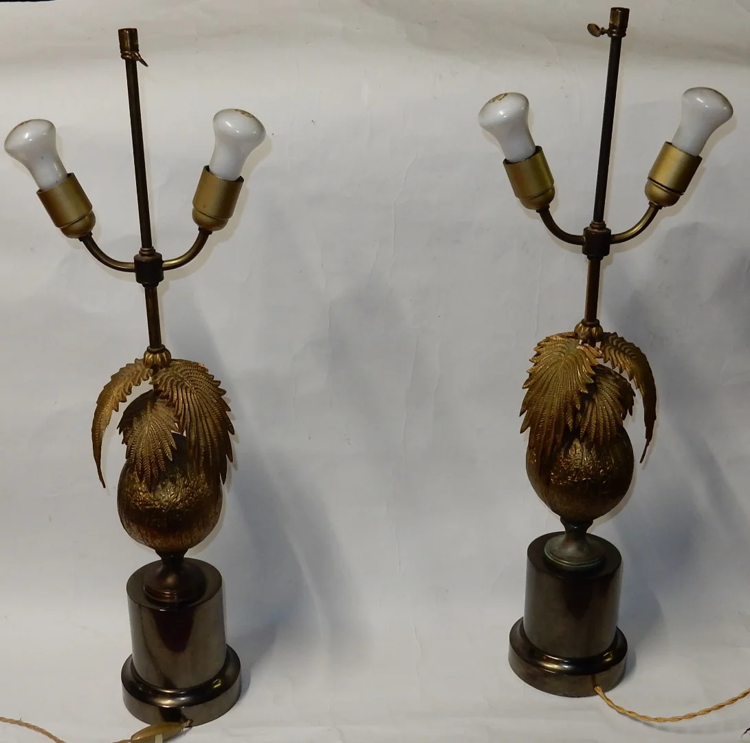 1970′ Paire De Lampes Palmier Ou Cocotier Avec Noix De Coco DLG Maison Jansen Ou Charles Non Signées