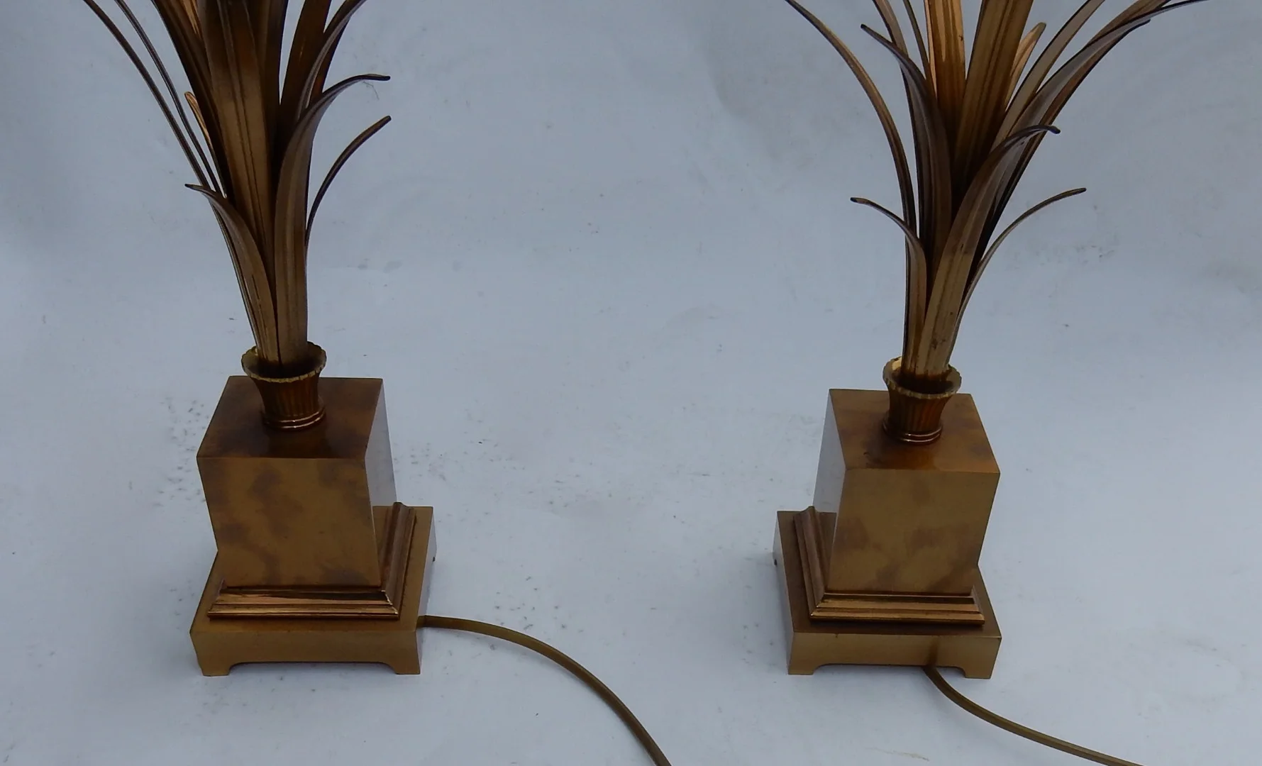 1950/70 Paire de Lampes Aux Roseaux en Laiton et Bronze Doré Signées Charles