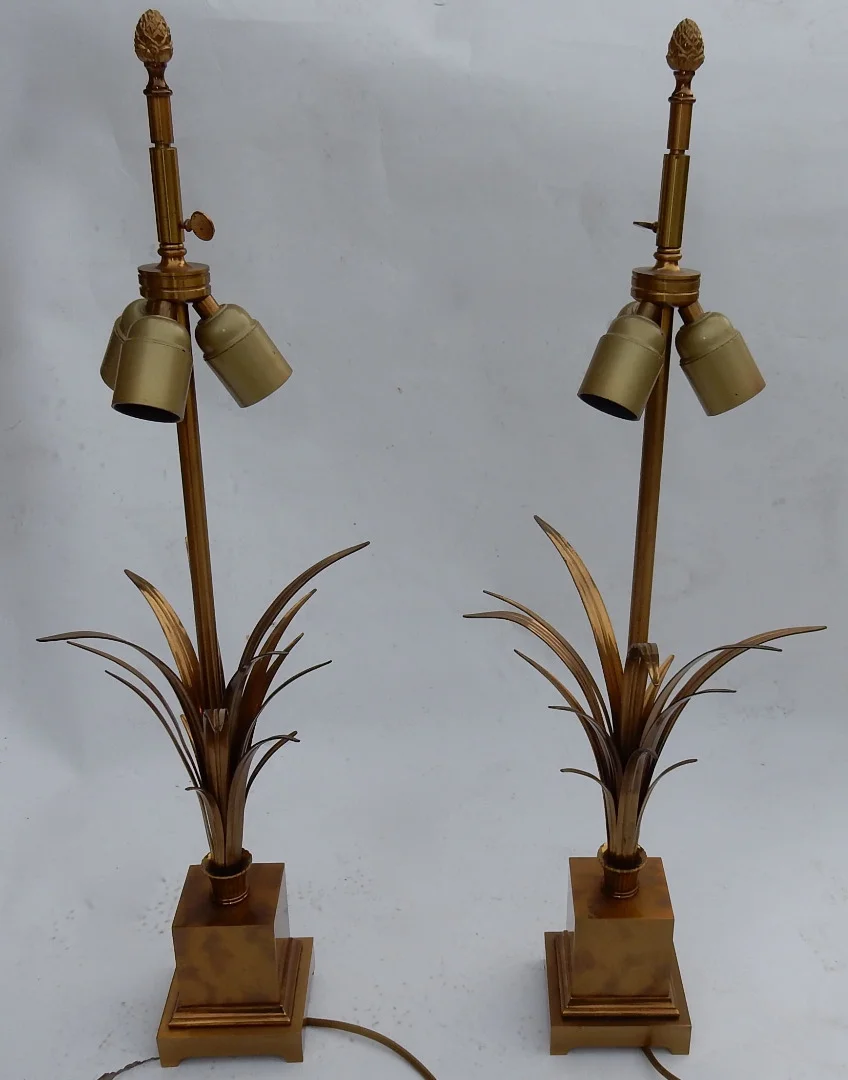 1950/70 Paire de Lampes Aux Roseaux en Laiton et Bronze Doré Signées Charles