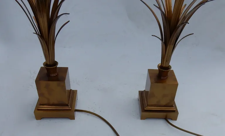 1950/70 Paire de Lampes Aux Roseaux en Laiton et Bronze Doré Signées Charles