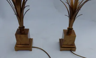 1950/70 Paire de Lampes Aux Roseaux en Laiton et Bronze Doré Signées Charles