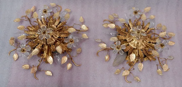 1970′ Paire De Plafonniers ou Appliques à Décor de Feuilles en Métal Et Verre Maison Baguès Ou Banci