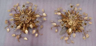 1970′ Paire De Plafonniers ou Appliques à Décor de Feuilles en Métal Et Verre Maison Baguès Ou Banci