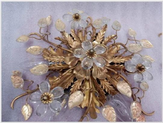 1970′ Paire De Plafonniers ou Appliques à Décor de Feuilles en Métal Et Verre Maison Baguès Ou Banci