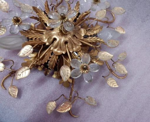 1970′ Paire De Plafonniers ou Appliques à Décor de Feuilles en Métal Et Verre Maison Baguès Ou Banci