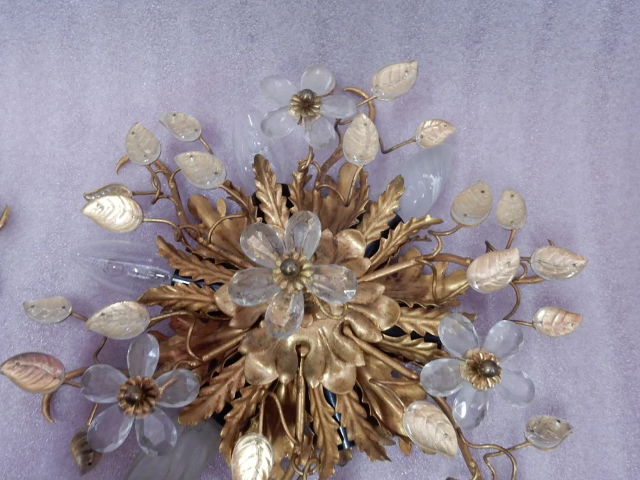 1970′ Paire De Plafonniers ou Appliques à Décor de Feuilles en Métal Et Verre Maison Baguès Ou Banci