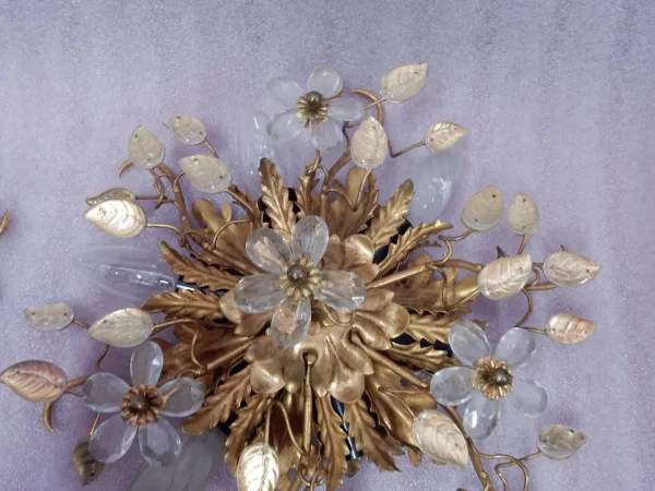 1970′ Paire De Plafonniers ou Appliques à Décor de Feuilles en Métal Et Verre Maison Baguès Ou Banci