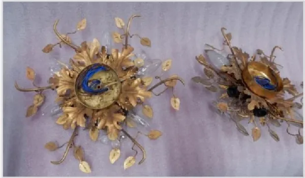 1970′ Paire De Plafonniers ou Appliques à Décor de Feuilles en Métal Et Verre Maison Baguès Ou Banci