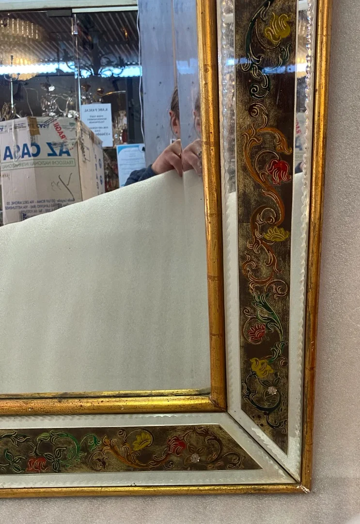 1970′ Eglomised Mirror Decor Flowers And Golden Wood Frame 73 X 97 cm