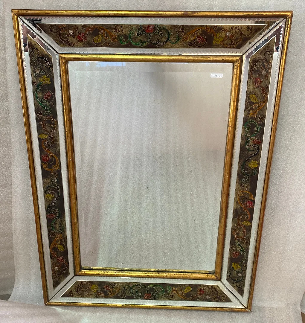 1970′ Eglomised Mirror Decor Flowers And Golden Wood Frame 73 X 97 cm
