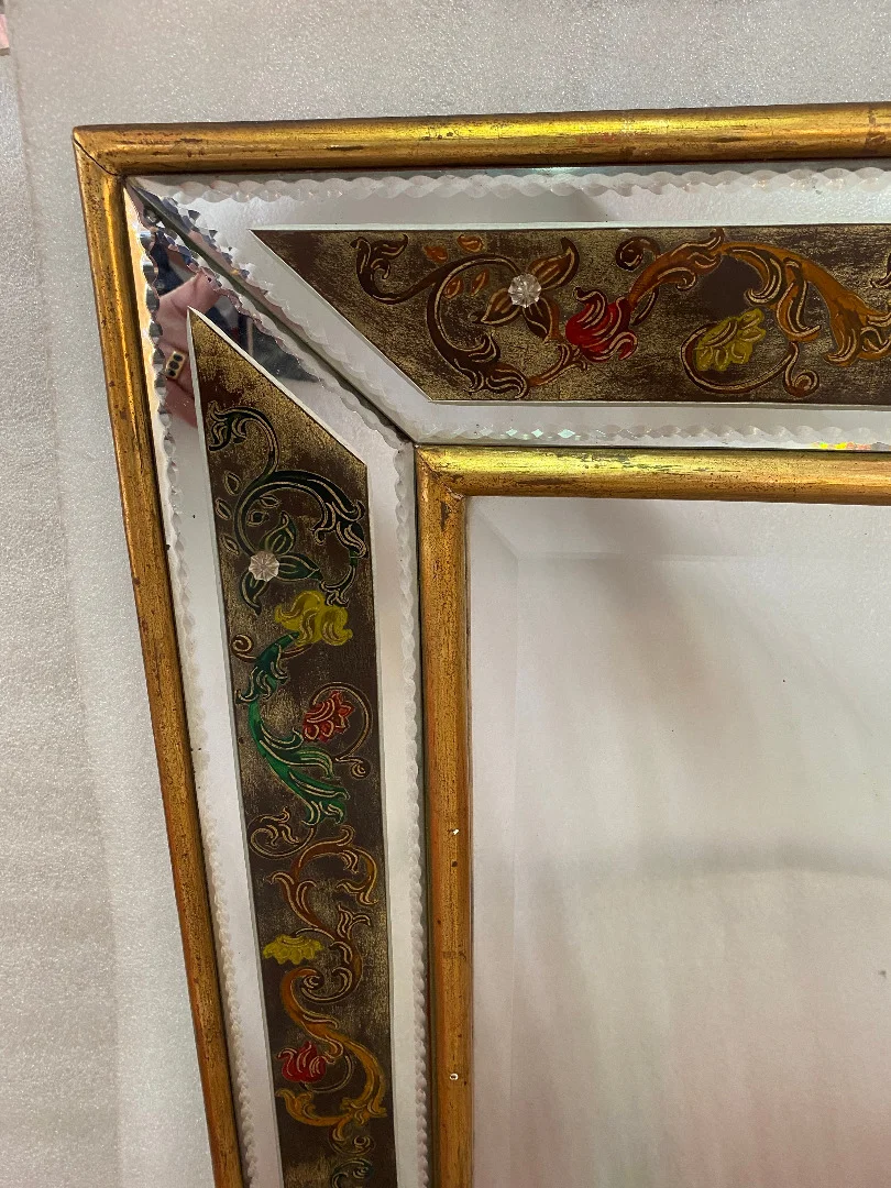 1970′ Eglomised Mirror Decor Flowers And Golden Wood Frame 73 X 97 cm