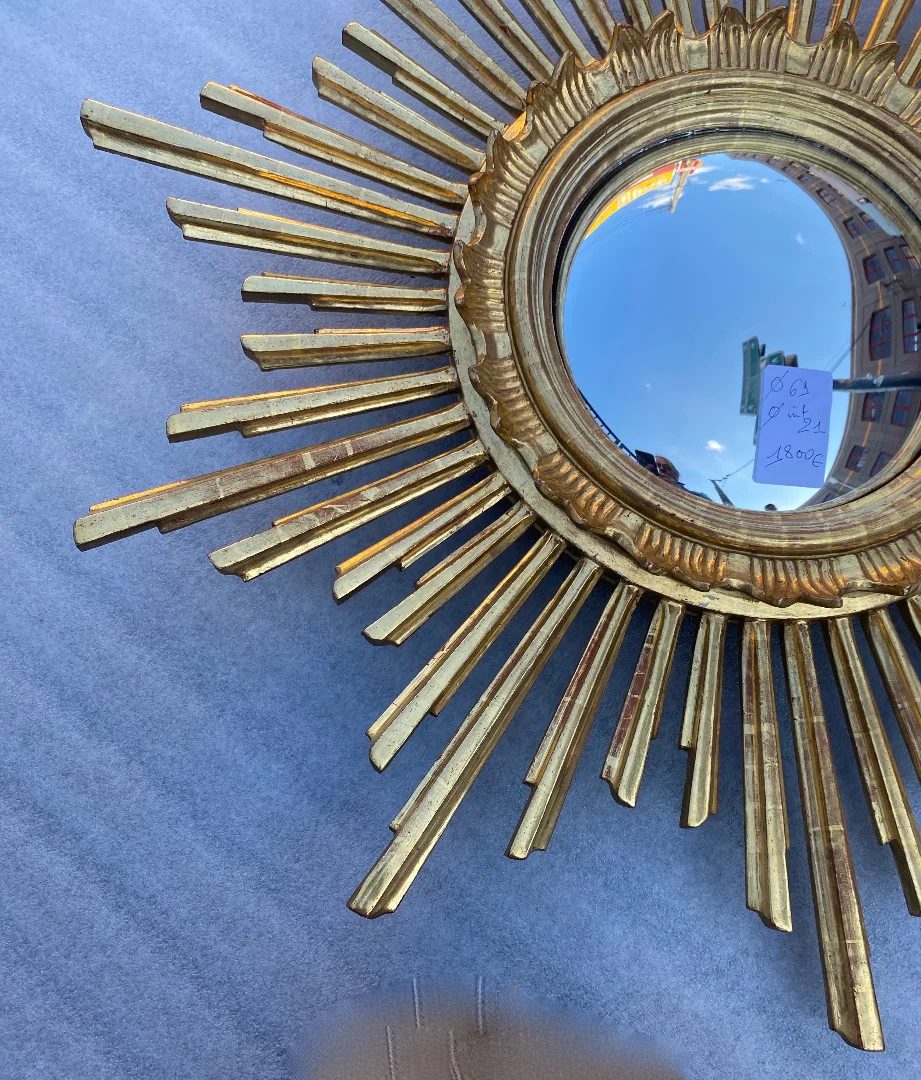 1950/70 ‘ Miroir soleil Convexe, Bois Doré – Diamètre 69 cm