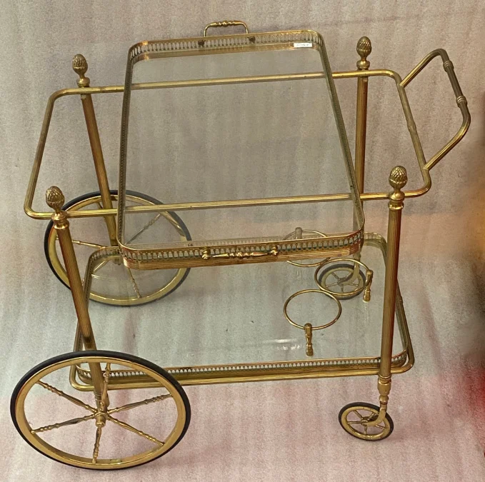 1950/70 Desserte Roulante Maison Jansen En Laiton Et Bronze Doré